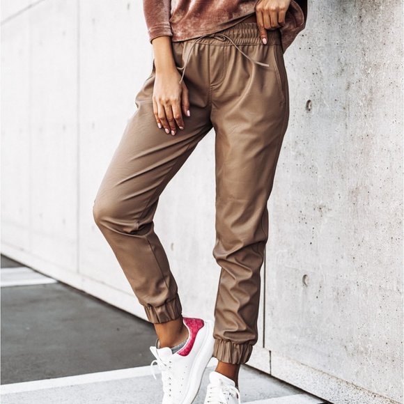 MERSH Pants - Pocketed Drawstring Faux Leather Joggers